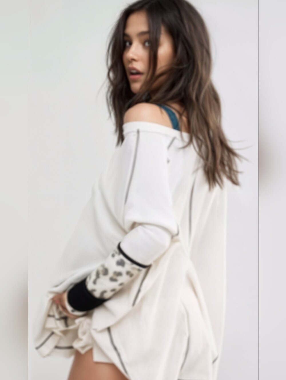 Free People We The Free Lovin Leopard White Thermal Top With Leopard Cuffs